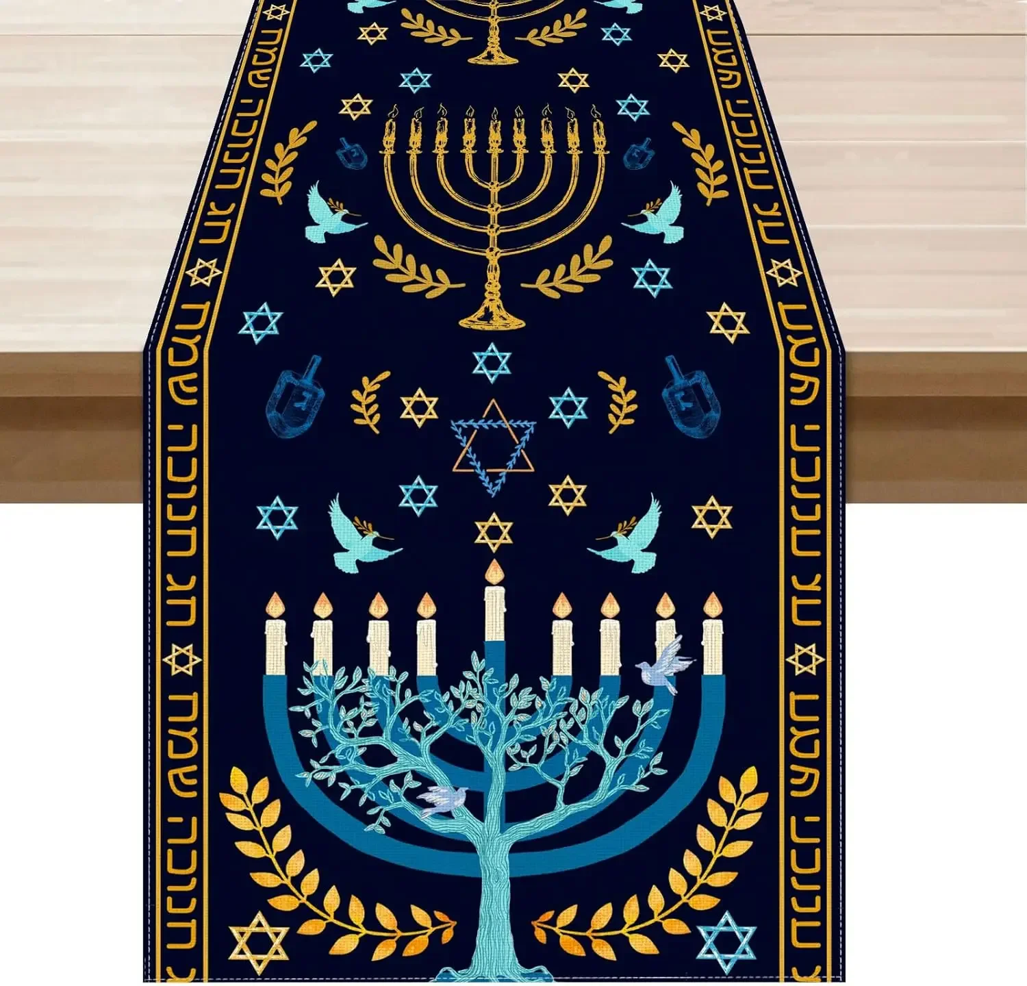 Hanukkah Menorah Doves Hexagram Table Runner Jewish Holiday Decor Reusable Chanukah Kitchen Dining Table Runner Hanukkah Decor