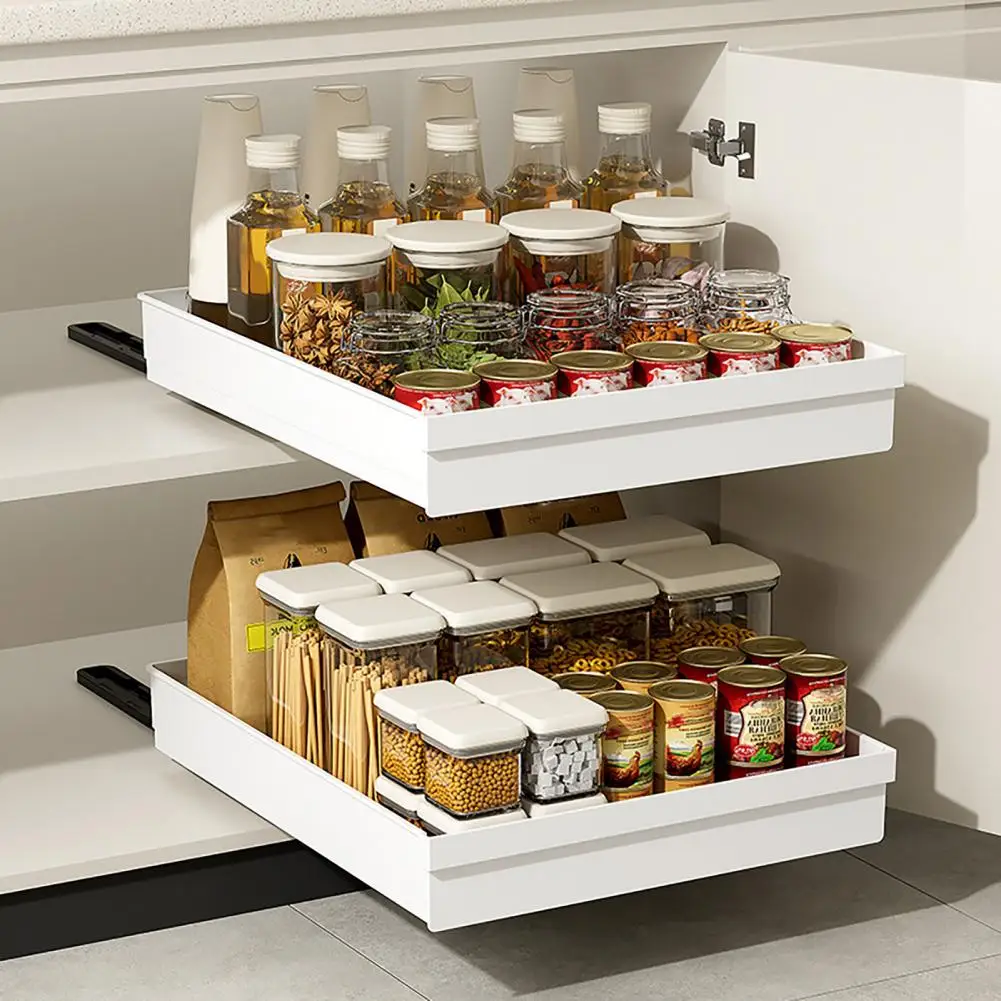Kitchen Storage Solution Pull-out Kitchen Storage Rack with Guardrail Smooth Slide Rail Cabinet Organizer Capacity for Pantry