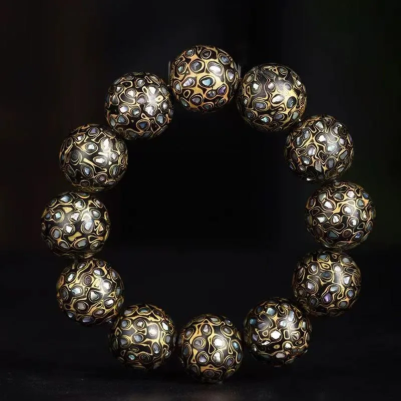 Black Gold Lacquer Beads Rhinoceros Hide Lacquer Large Beads Intangible Cultural Heritage Mother of Pearl Inlay Bracelet Jewelry