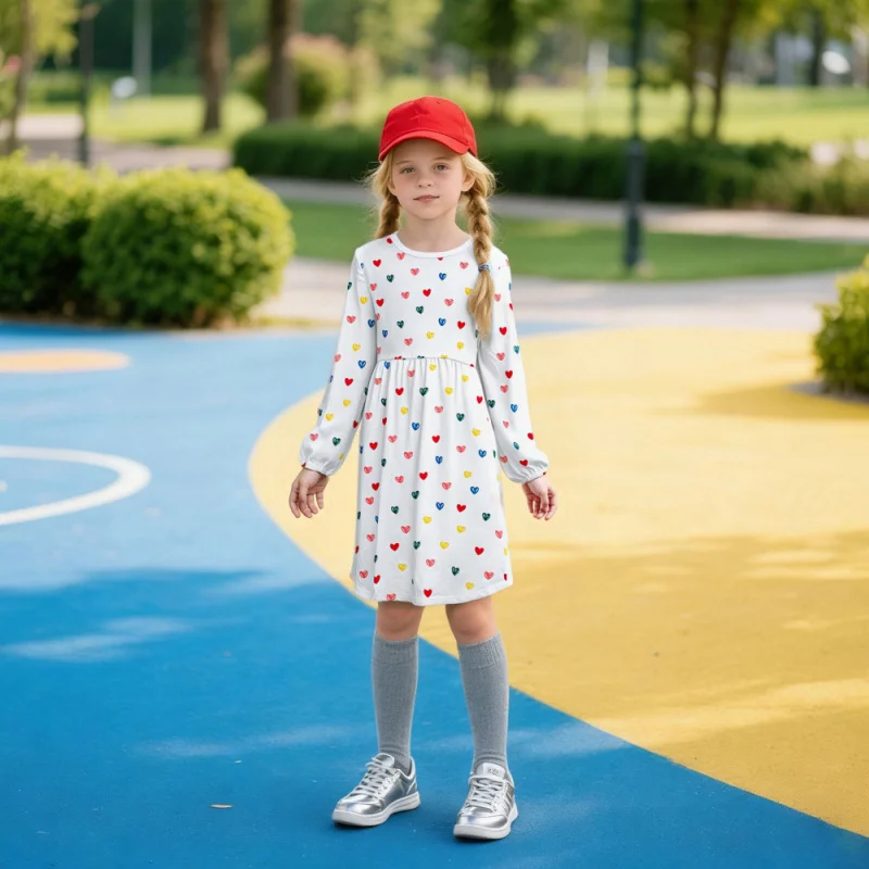 

2025 Children's Small Love Print, Cute Girls' Long-sleeved Dress