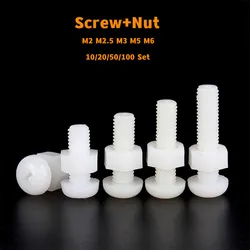 10/20/50/100 Set Combination White Nylon Screw+Nut Round Head Cross Plastic Insulated Phillips Bolt M2 M2.5 M3 M5 M6
