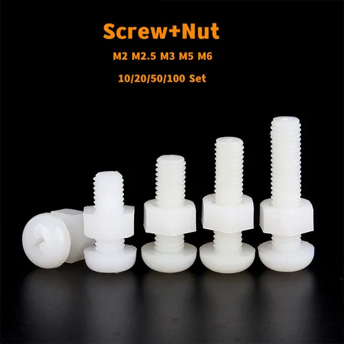 Juego de tornillos y tuercas de nailon blanco, juego de 10/20/50/100 tuercas cruzadas de plástico aislado, Phillips, M2, M2.5, M3, M5, M6