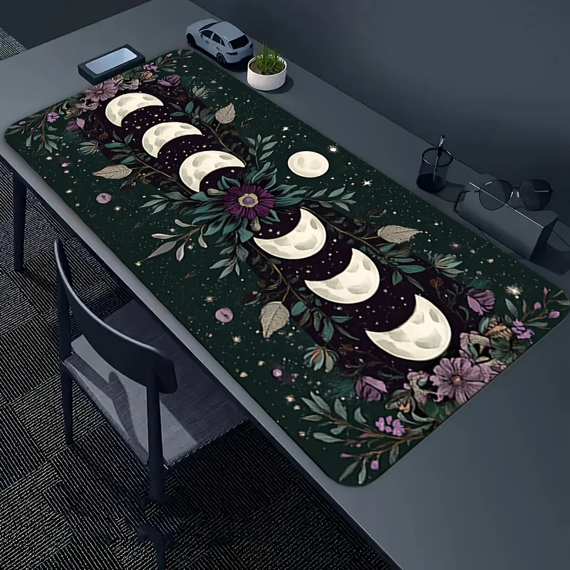 Moon Phase Floral Pattern Desk Mat, Large Mystical Style Mouse Pad, Polyester Diatomite Material Mouse Pad, Desk Mat Gift for Gamers