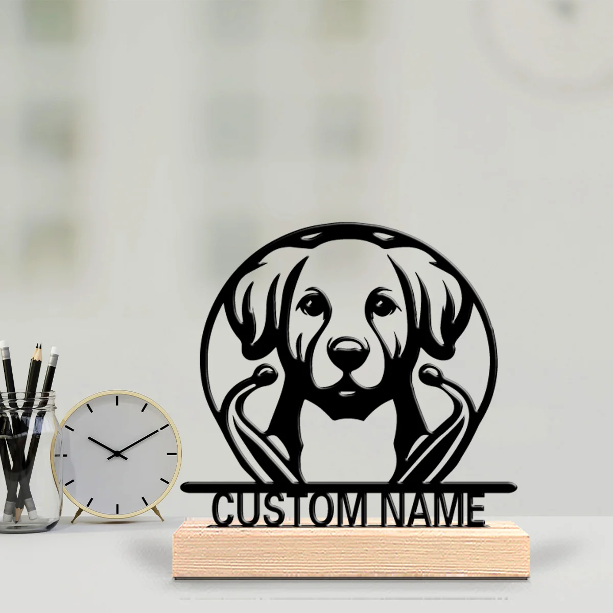 1pc Abstract pet cure Custom Name Metal Statue Iron Ornament Art Figurine With Wood Base Metal Statue For Children Gifts