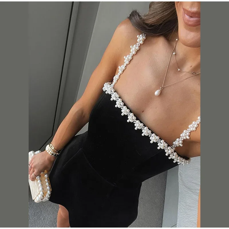 لؤلؤة المخملية فستان قصير زلة أسود الرسن مثير سليم صالح الخصر Cinched الاجتماعية حفلة ثوب مسائي المرأة فساتين قصيرة ألف خط