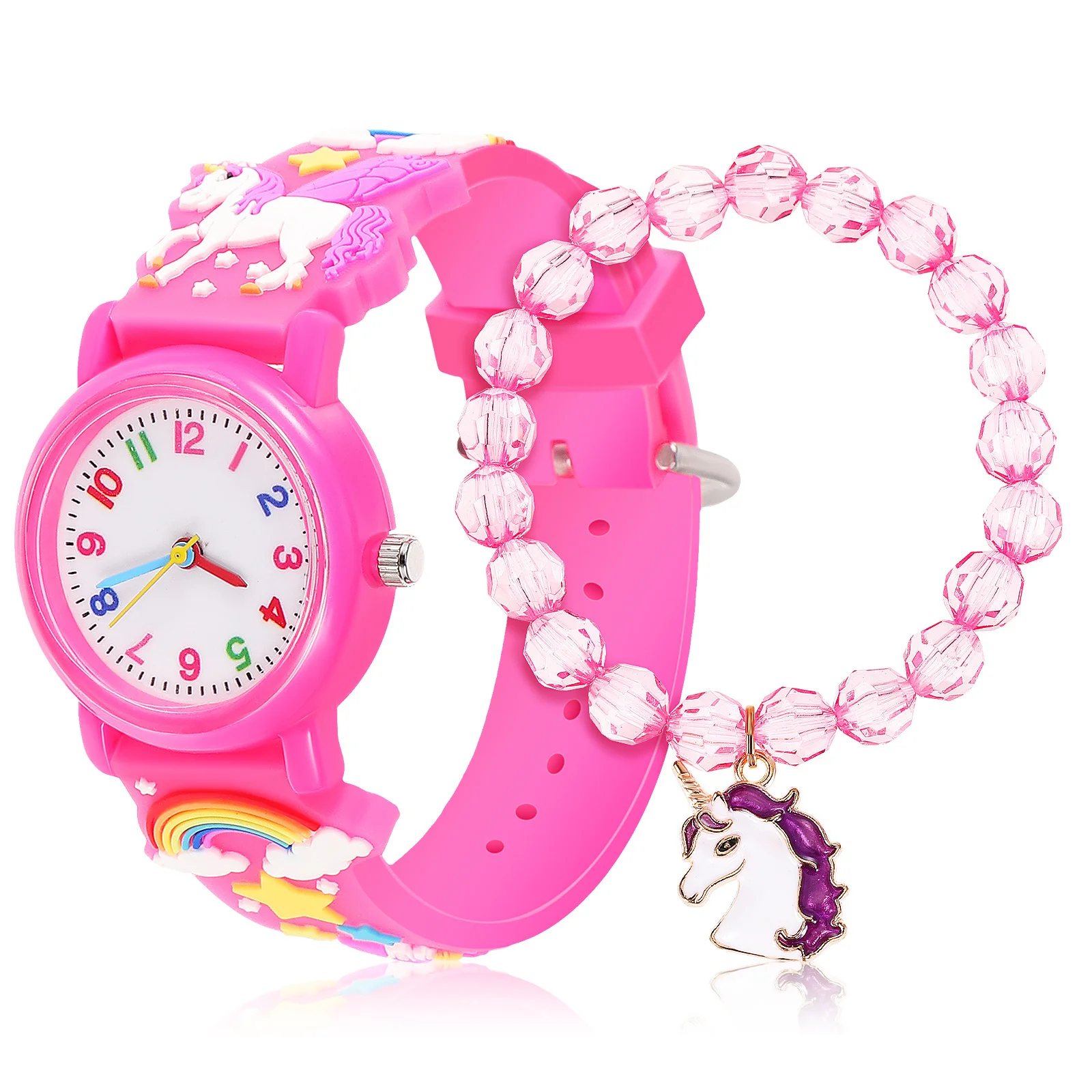 1Set Pink Watch Bracelet Set Unicorn Cartoon Digital Wristwatch Beaded Gift for Watch and Bracelet Set