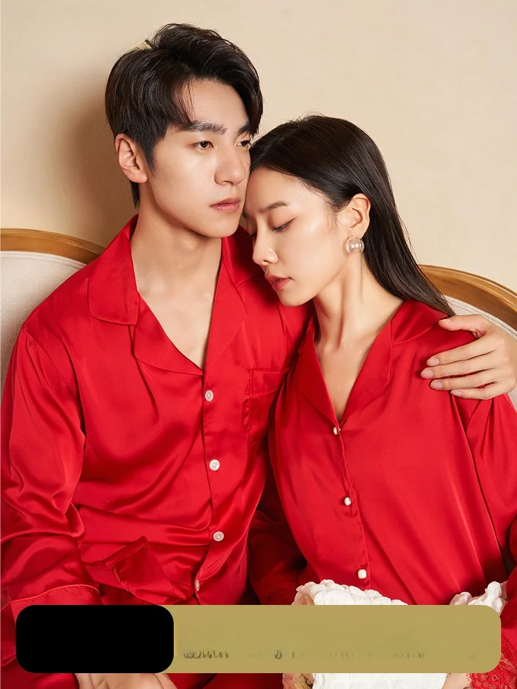 wedding-ice-silk-morning-robe-couple-set-new-bride-red-home-clothes-sp-dr-women's-sle-sexy-pure-desire-sle-long-sve