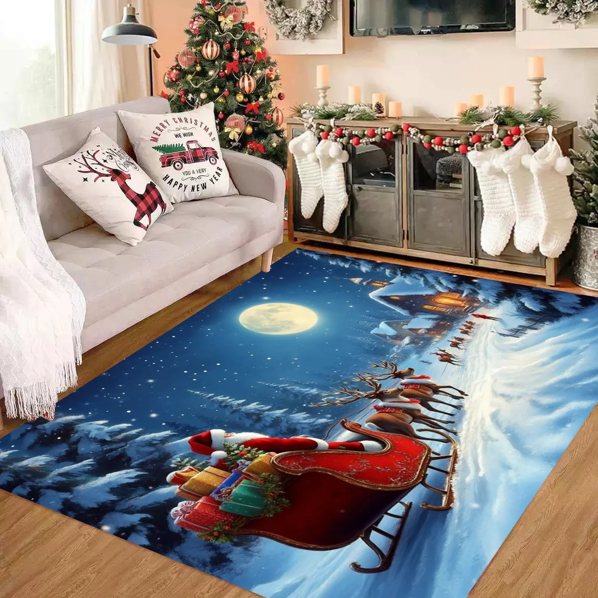 

VIKAMA Modern Christmas Snow House Circle Velvet Carpet Non-slip Living Room Sofa Stain-resistant Floor Mat Home Decor