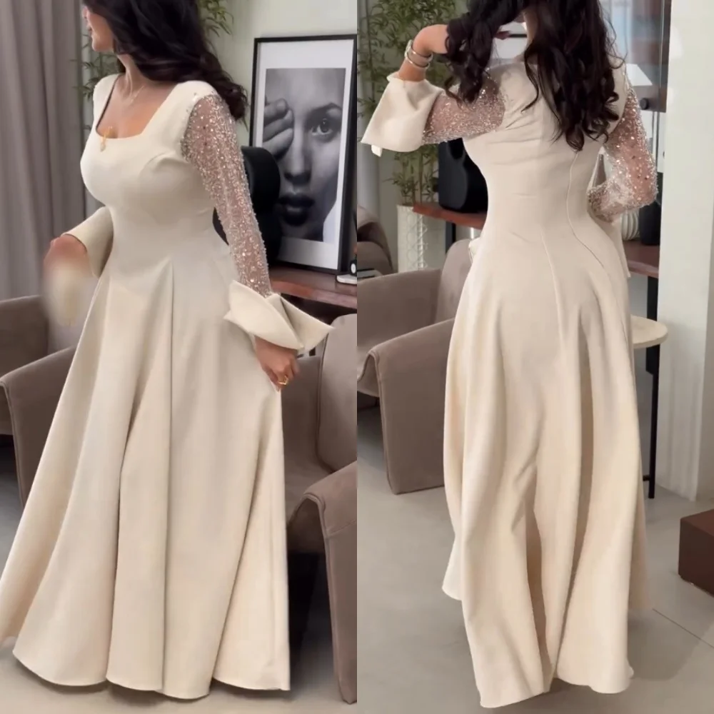 

Customized Sizes Available Jersey Sequined Pleat A-line Square Neck Long Dresses Bespoke Occasion Fashion