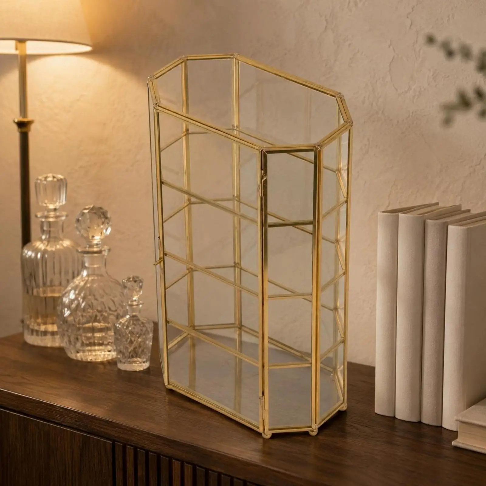 Narrow Tall Octagonal Display Case Glass Door Organizer Cabinet for Cosmetics Jewelry Home Bar Living Room