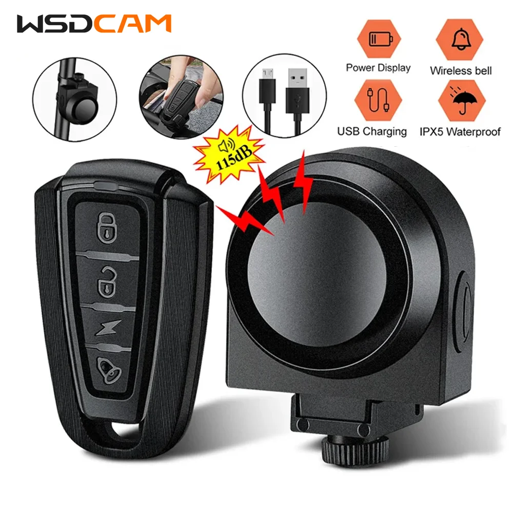 Wsdcam Wireless 115dB Bike Vibration Alarm IPX5 USB Charging Remote Control Motorcycle Electric Bicycle Security Burglar Alarm