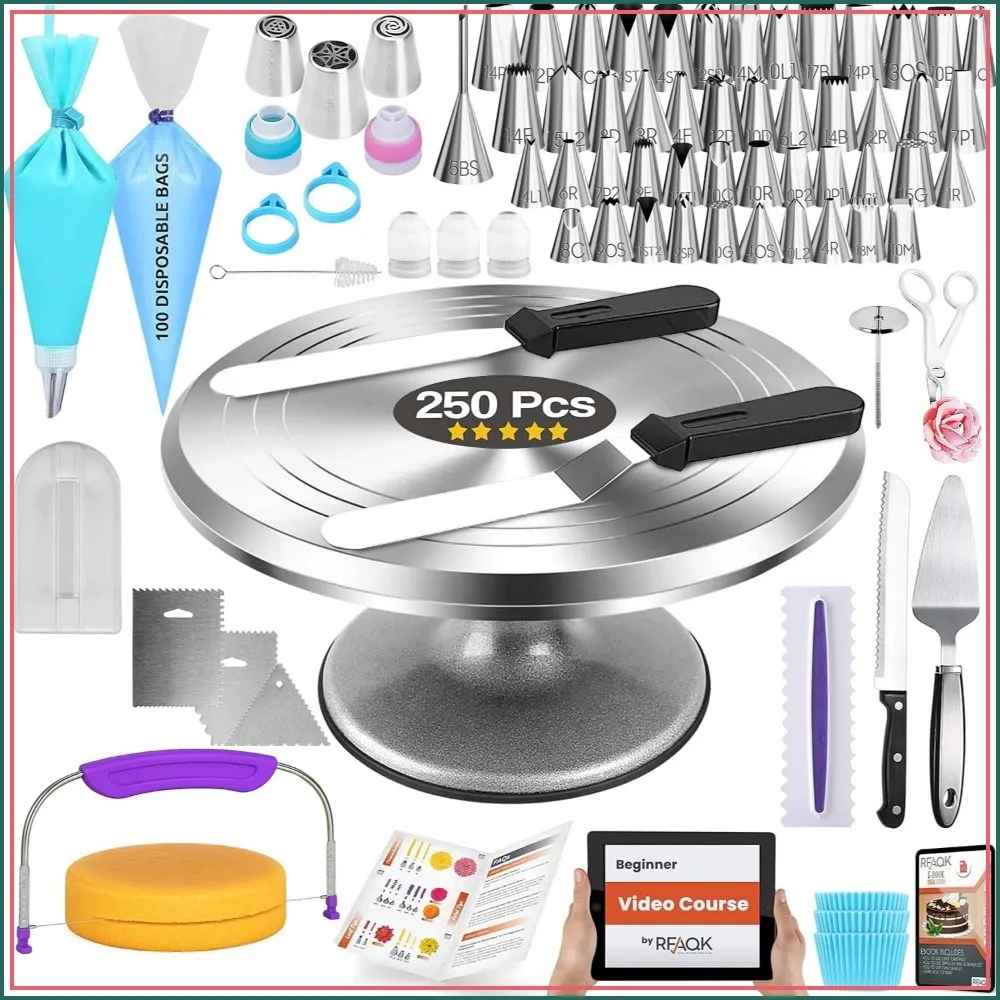 250 Pcs Cake Decorating Kit with Turntable & Icing Tips