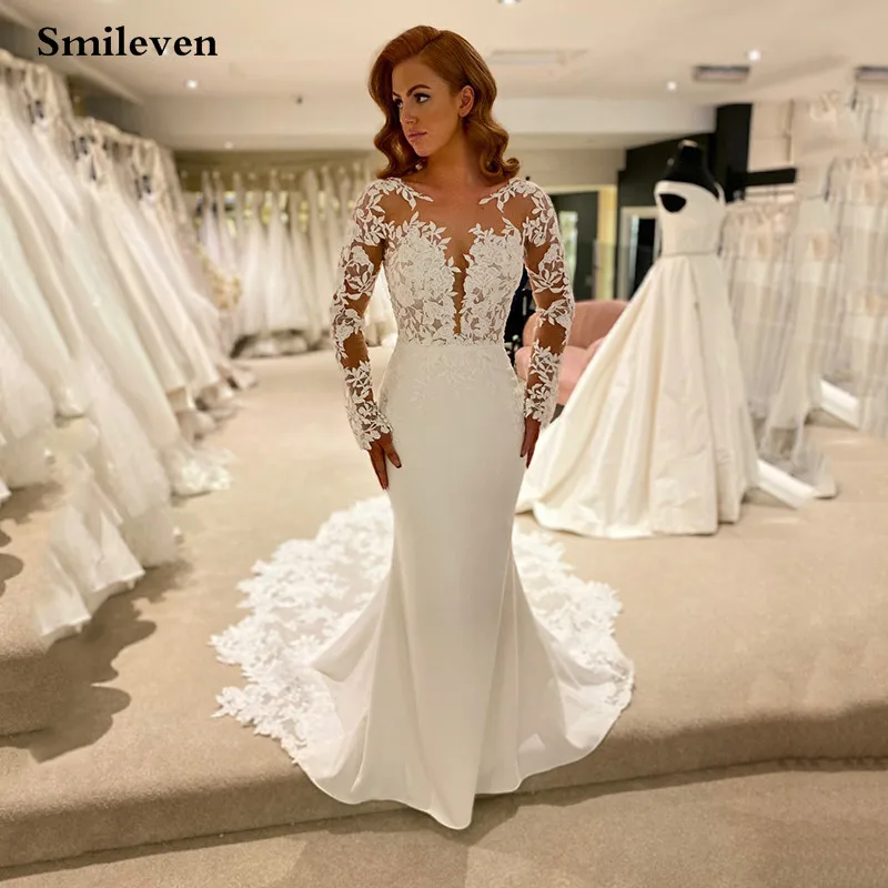 Smileven دانتيل حورية البحر فساتين الزفاف كم طويل زين بوهو فستان عروس سويب تراين فساتين الزفاف 2022 Vestido De Noiva