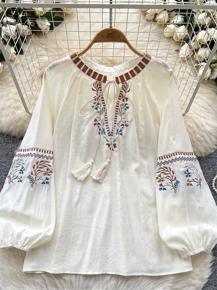 SINGREINY Casual Embroidery Loose Blouses Summer Lantern Sleeve O