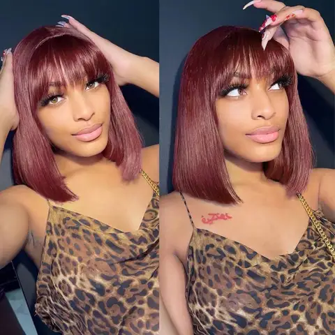 99J Burgundy Red Short Bob Wig Human Hair With Fringe for Women Straight Remy Hair Bob Wigs With Bangs Dark Brown Balayage Color