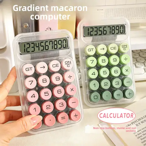 Gradient Macaron Round Button Calculator, Portable Transparent Mechanical Key Calculator for Student Office Daily Accounting