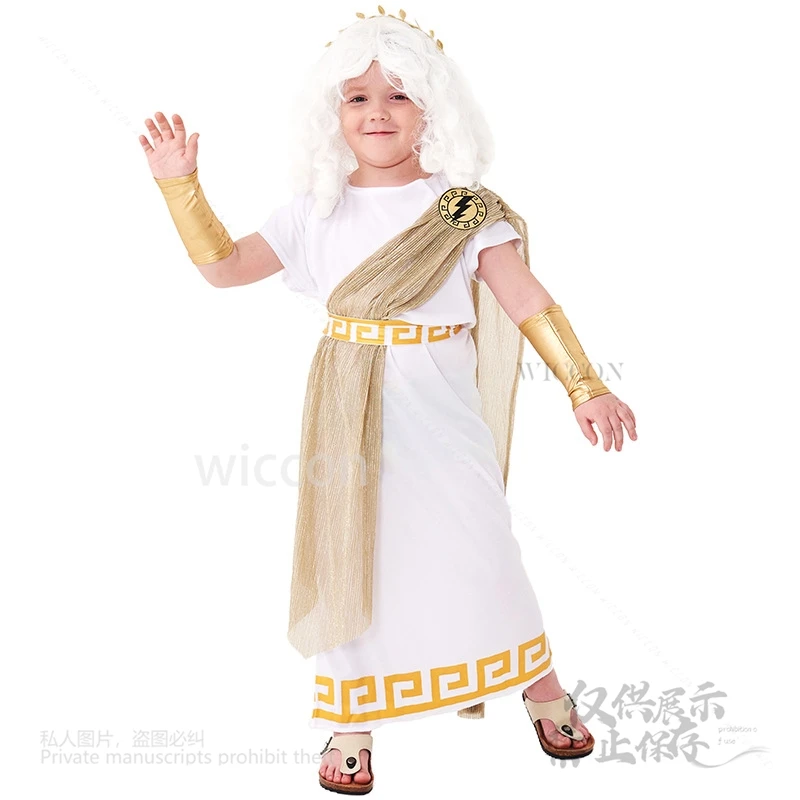 زي زيوس للأطفال - مجموعة توجا الإله الروماني اليوناني مع مسمار وتاج البرق التنكري، أسطوري لعيد الهالوين وعيد الأطفال