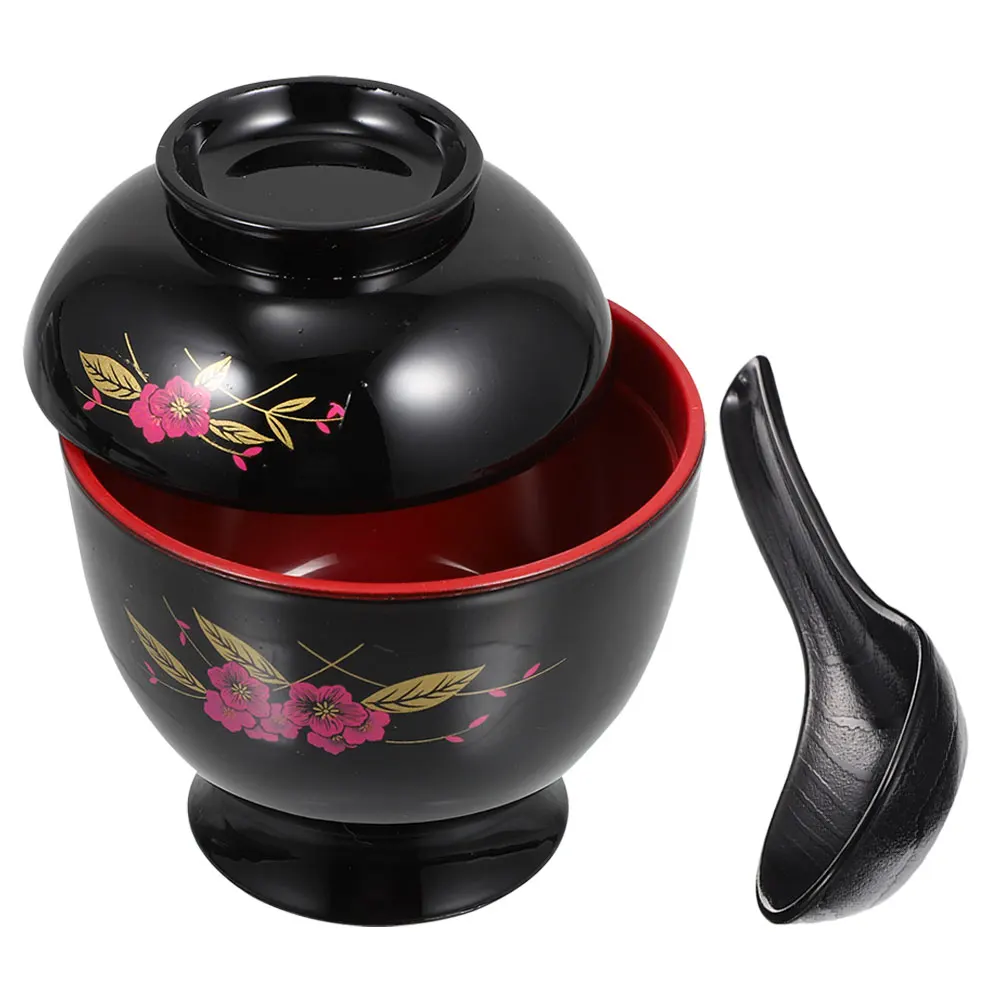 

1 set Miso Soup Bowl Japanese Rice Bowls Black Spoon Lid Design Traditional Noodle Asian Small Bowls Kitchen Bar Supplies