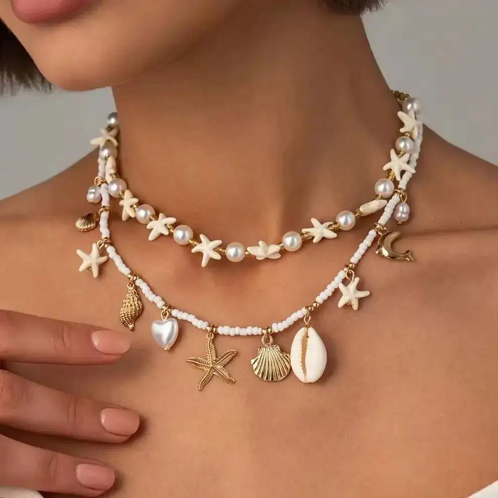KunJoe Bohemia DoubleLayer Shell Conch Pendant Necklace Women Handmade Imitation Pearl Starfish Bead Choker Beach Party Jewelry