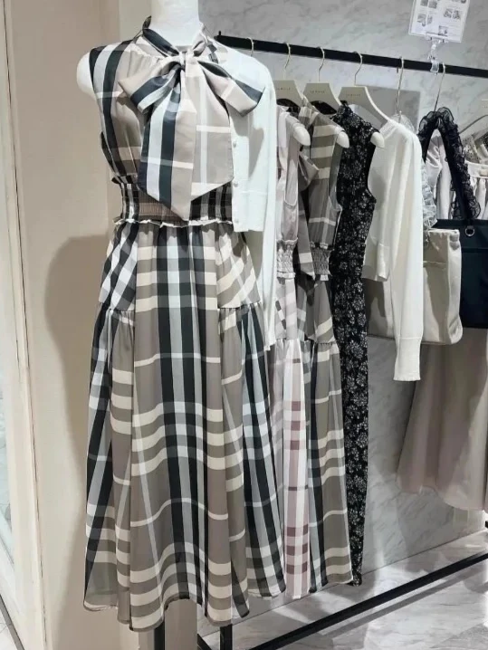 Summer New Sweet Cute Girl Bow Tie-up Maxi Dress Japanese Style Fashion Plaid Sleeveless High-waisted Chiffon Long Dresses