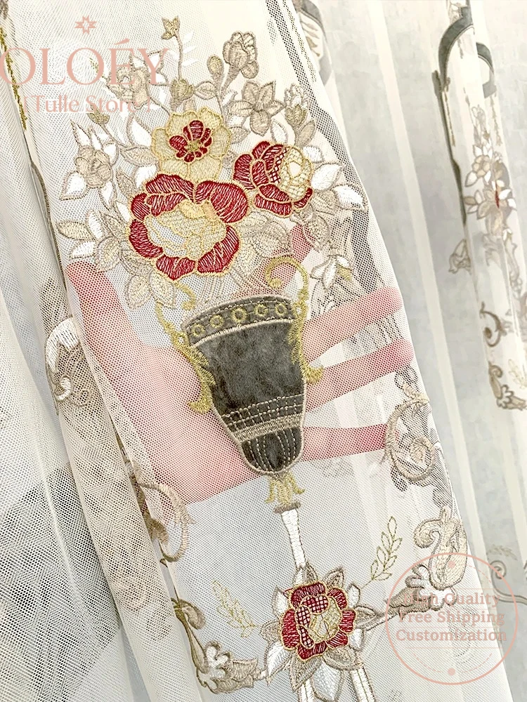

White Sheer Curtains Red Floral Embroidery Tulle Drapes Elegant European Style Voile Window Curtain for Living Room Bedroom