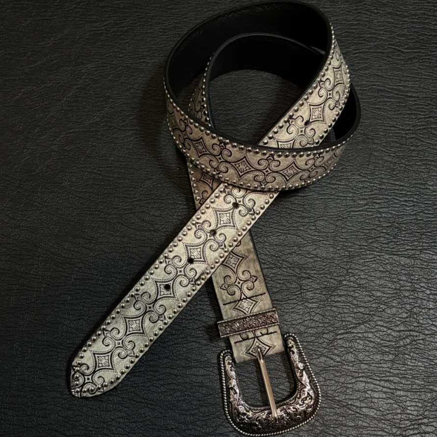 Vintage Western Rivet PU Leather Belt for Men Retro Print Metal Buckle Adjustable Casual Jeans Waist Belt Cowboy Style Belt