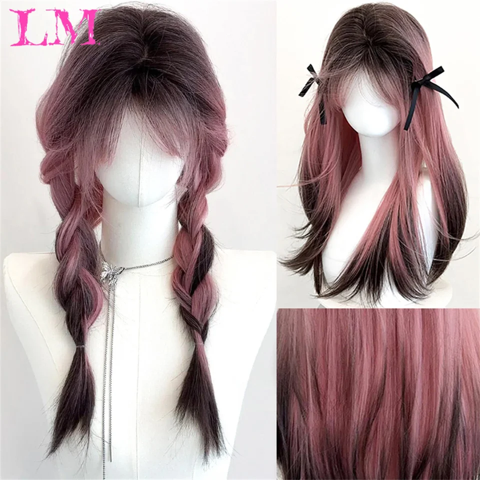 LM Long Body Wave Ombre Brown Pink Synthetic Wigs with Bangs Natural Wave for Women Cosplay Natural Wig Heat Resistant