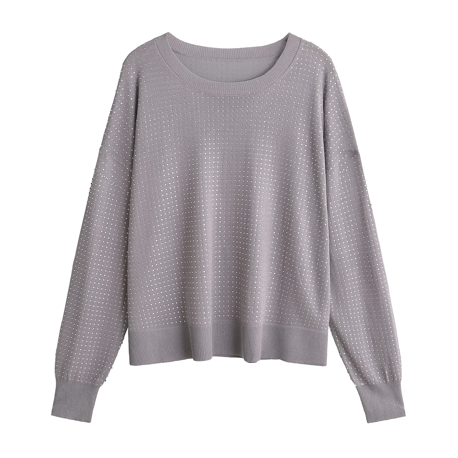 TRAF Elegant Sweaters For Women O Neck Casual Loose Knit Rhinestone Decoration Tops 2024 Autumn Winter Sweater Women 5090/20