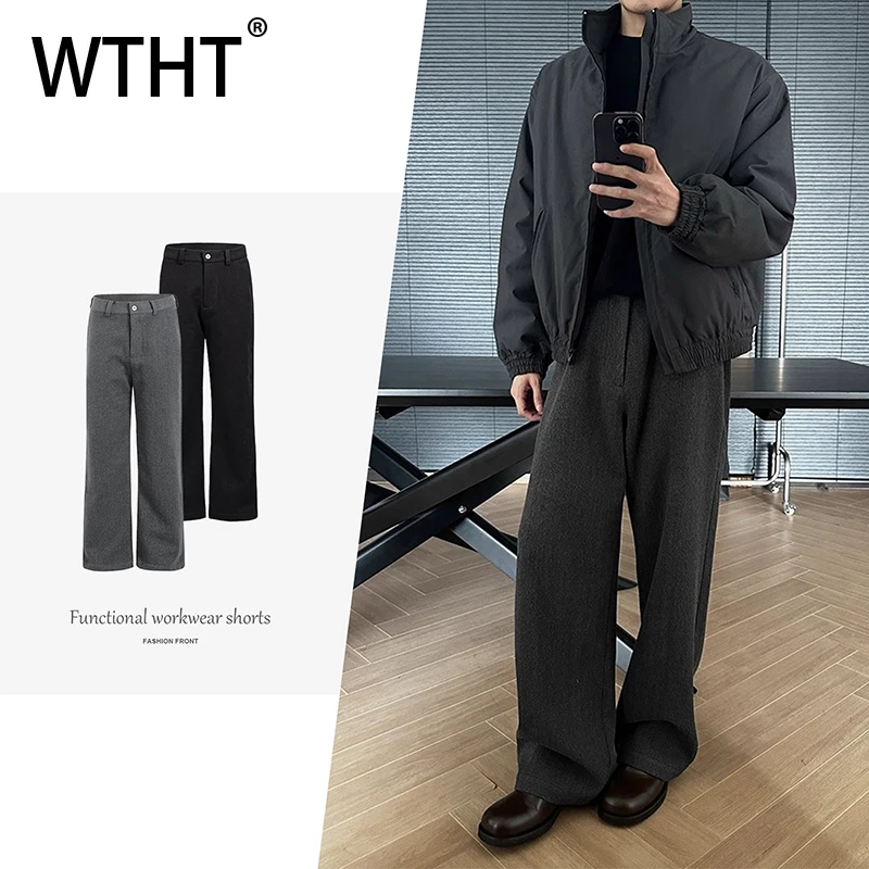 

WTHT Fashion New Men's Loose Straight Solid Color Blazer Pants Trendy 2025 Autumn Wide Leg High-waisted Trousers Male 2A2395
