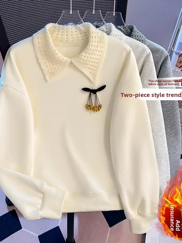 Damska bluza z podszewką, ocieplana, z kołnierzykiem, luźna, w stylu lazy, top na jesień i zimę, designerska, wersja koreańska, długi rękaw.