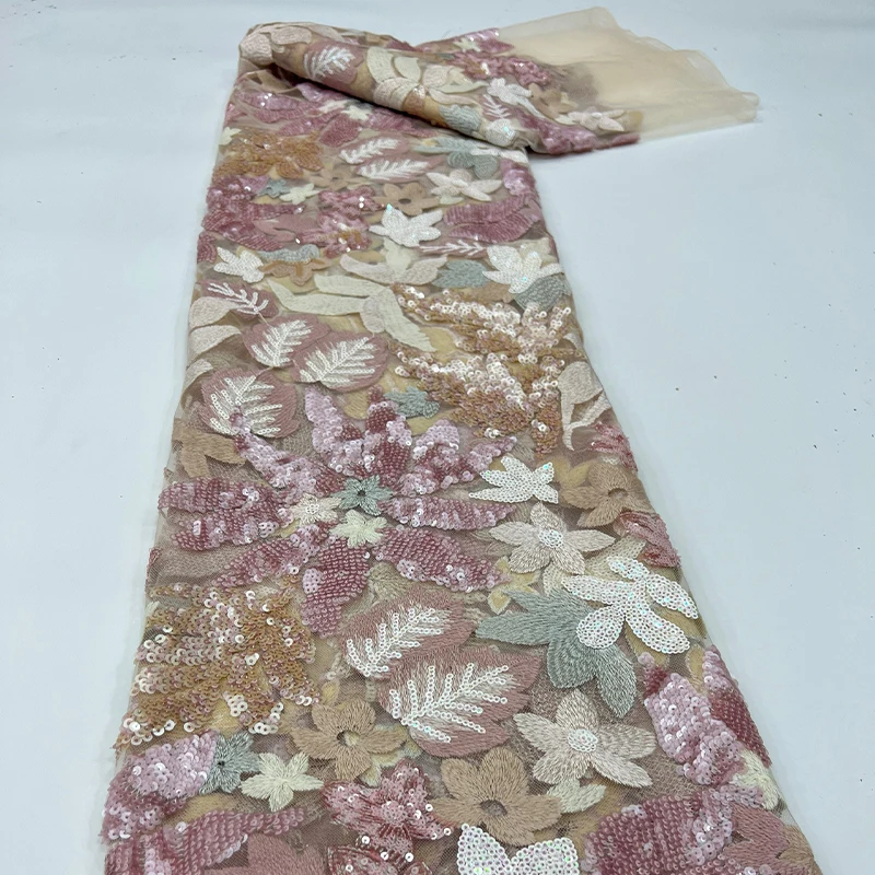 1 Yards 3D Embroidery Mesh Flower Colorful Thread Sequin Fabric Mesh African Lace Sequin Fabric For Sewing Evening Dress view 5