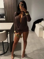 Sisterlinda-minivestido elegante con escote en V profundo para mujer, minivestido ajustado de manga larga con melocotón y cadera para fiesta de Club de medianoche, moda Sexy, ceñido liso