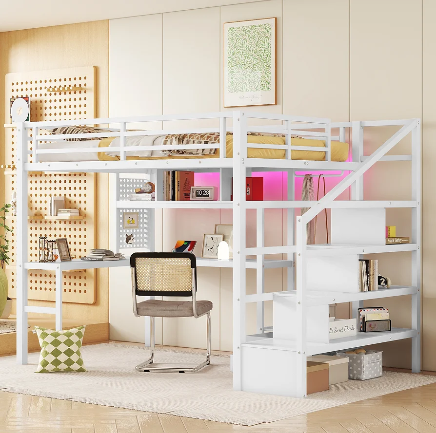 #Full Size Adjustable Modern Soft Bed With LED Light & Charge Station Wood Loft Bed With Desk And Staircase