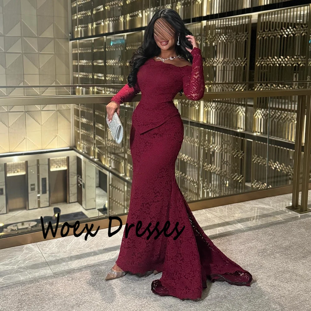 Vestido de noite personalizado com decote em barco, camisa borgonha, renda, mangas compridas, trem de varredura, vestido de festa, sereia, mangas compridas, vestido de festa