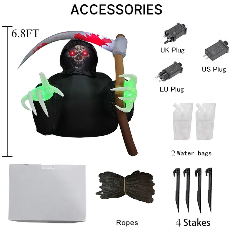 Juguetes inflables de Halloween de 6,8 pies, decoraciones Grim Reaper con LED integrados, explosión para fiestas, vacaciones, decoraciones de patio al aire libre