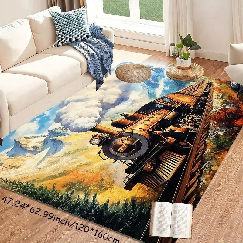 Flannel Printed Steam Train Rug Mountain Landscape Design Soft Fleece Floor Mat Living Room Carpet Vintage Travel Decor Rugs