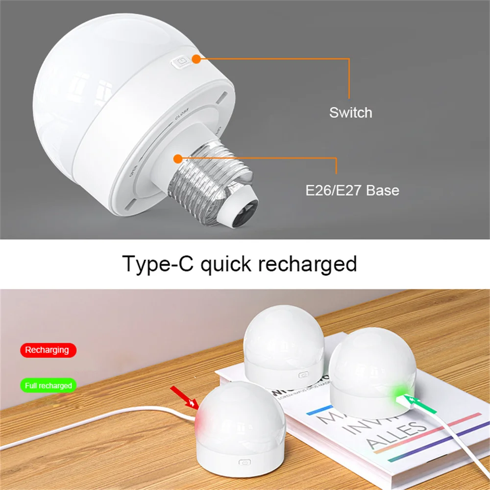 DC5V E26/E27 Base 3 Light Colors Dimmable Led Cabinet Light USB Rechargeable Portable Home Lighting for Bedroom,Kitchen