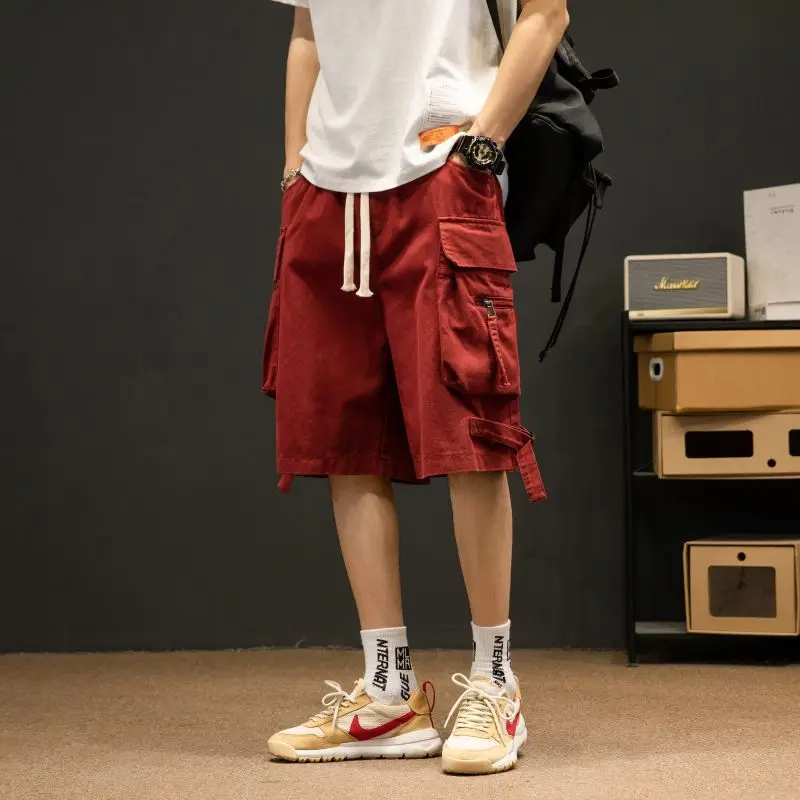 

Oversize Straight Leg Workwear orts Men's Summer American Trendy High Street Wine Red Color Five-Quarter Length Pants