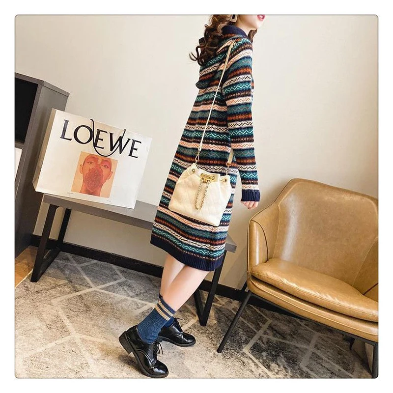 Fashion Loose Spliced Pockets Lace Up Hooded Casual Dresses Female Clothing 2023 Winter Oversized Knitted Korean Midi Dress