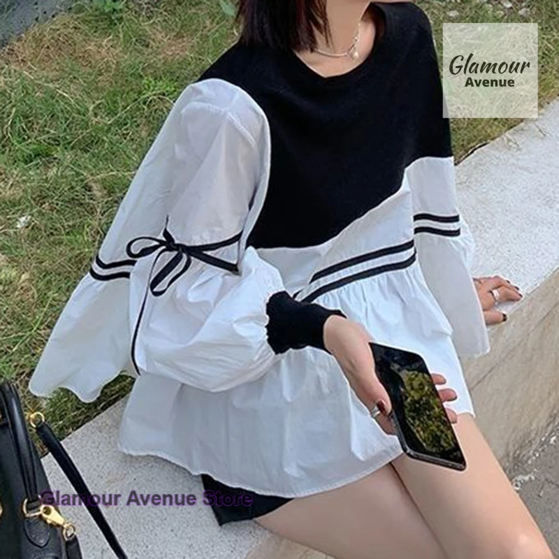 

Korean style black and white striped lace-up long-sleeved shirt women's spring and autumn new fashion temperament stitching top