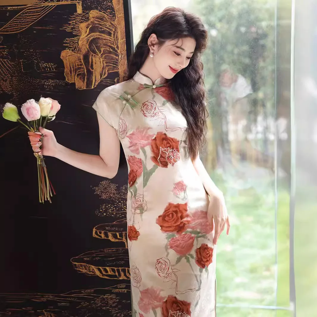 Summer Sexy Floral Cheongsam Retro Chinese Style Slim Fitted Elegant Modified Qipao Dress Daily Wear for Young Girls CH-092