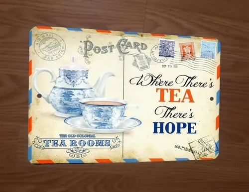 Panneau mural en métal vintage, style carte postale, Tea Room Wheres Theres Hope