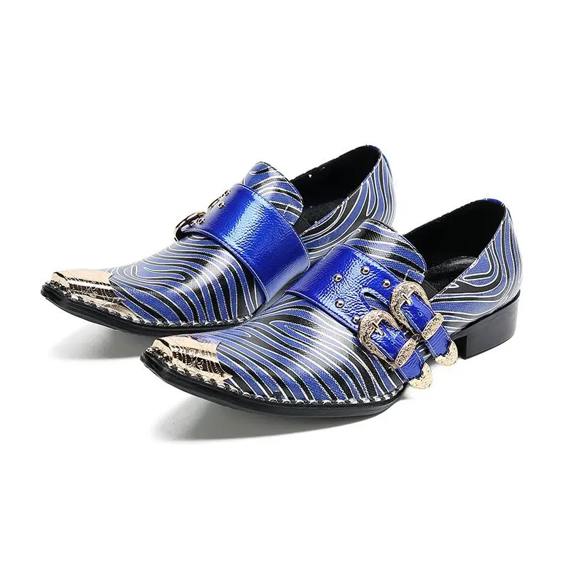 Luxury Fashion Metal Pointed Toe Men Shoes Casual Party Print Leather Shoes Trendy Mens Wedding Dress Shoes Size 37--46