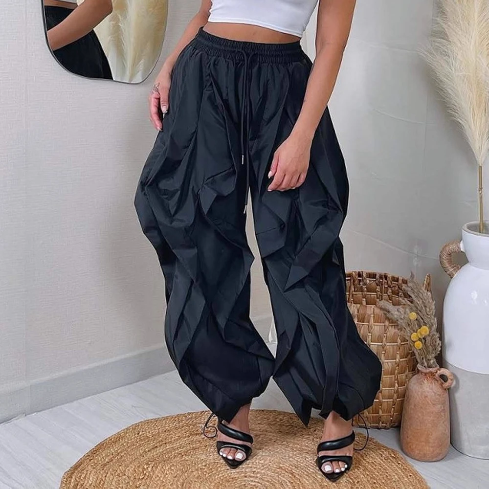 Sommer Mode 2025, Frauen Rüschen Drucken Cargo Hosen Casual Neue Weibliche Streetwear Jogger Elastische Hohe Taille Lose Laterne Hosen – Detail 4