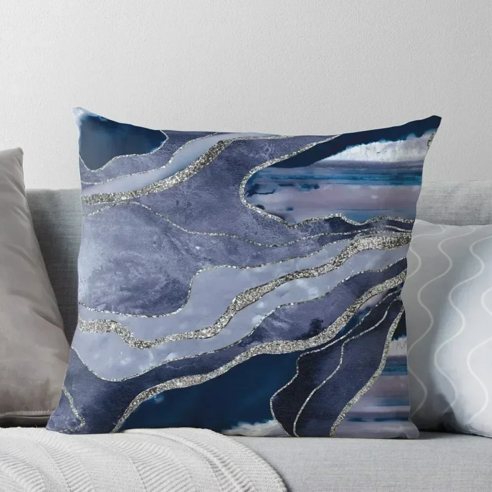 

Blue Marble Agate Silver Glitter Glam #1 (Faux Glitter) #decor #art Throw Pillow pillowcases for sofa cushions Anime pillow