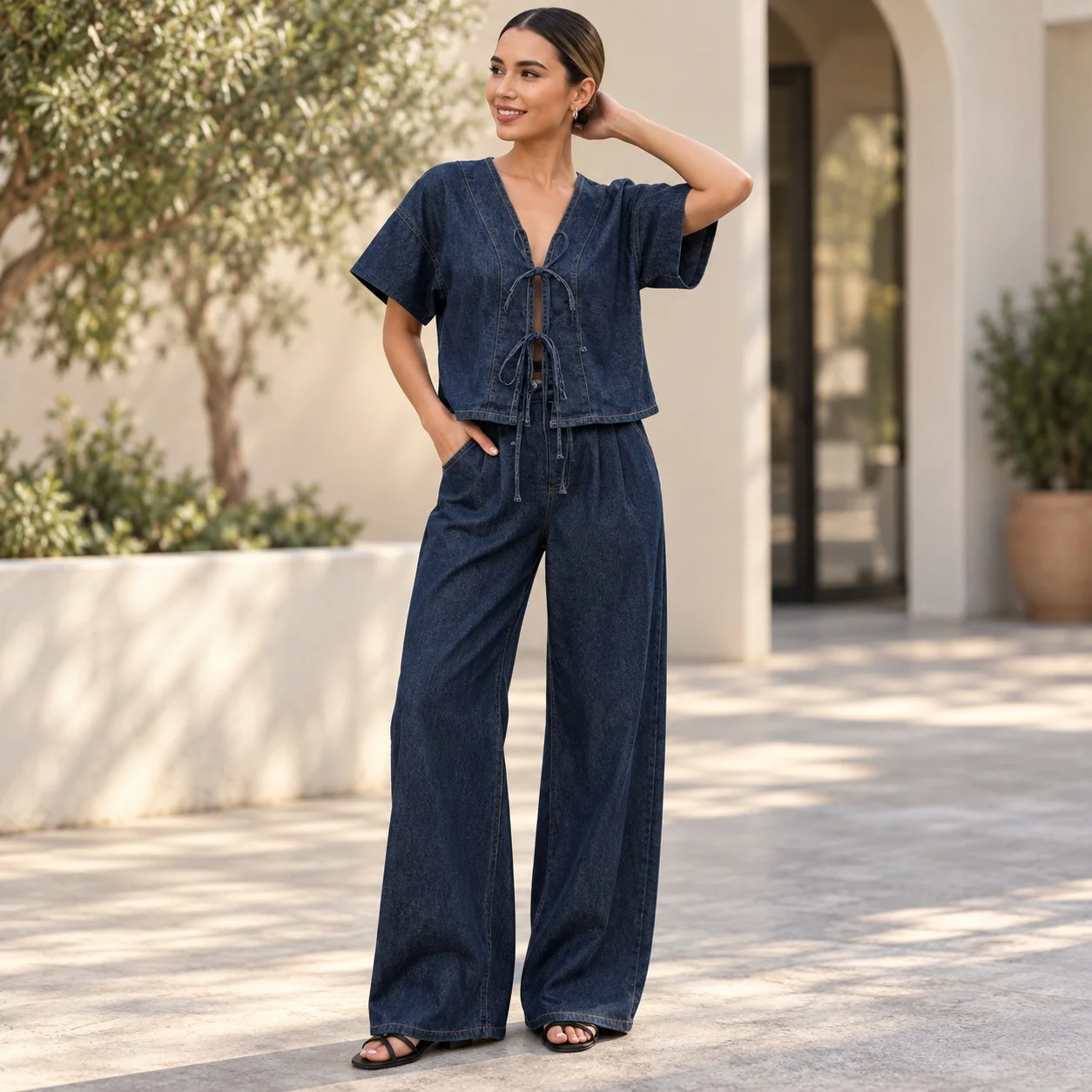 Tie Elastic Waist Set with Full Length Long Pants Open Front Short Sleeve Crop Top Washed European and American Style Women Sets