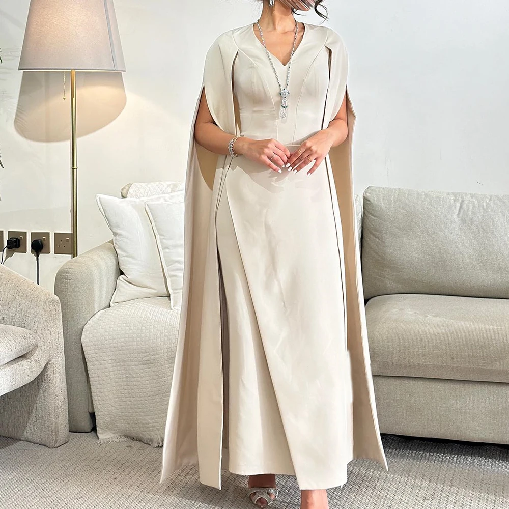 

V Neck Jersey Long Sleeves Straight Ankle Length Saudi Evening Dresses Elegant Pleats Shawl Dresses For Formal Occasions Classic