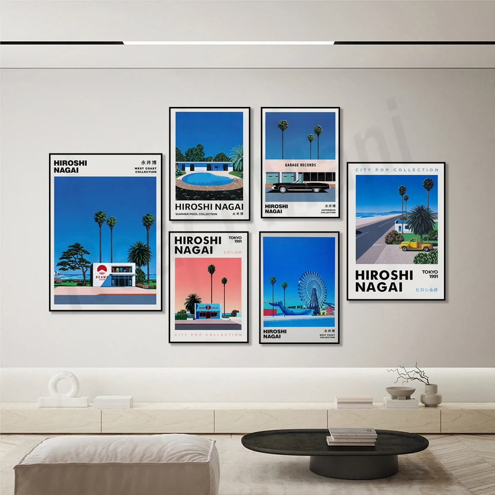 Japanese artist Hiroshi Nagai poster, sunset purple art in downtown, swimming pool, urban pop art, 90s Japanese vector art