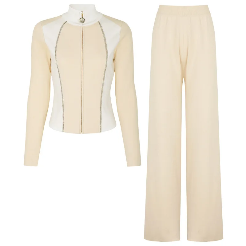 CHUJIE 2025, Frühling und Herbst, neues modisches, lässiges, schweres Strick-Internet-Promi-Freizeit-Stil, Top-Jacke + Hosen-Set