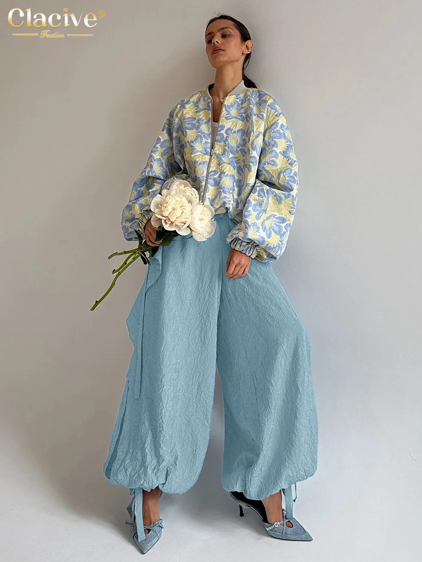 Clacive Fashion Loose Blue Women Pants 2025 Casual High Waist Wide Trousers Elegant Classic Solid Ruffles Pants Female Clothing